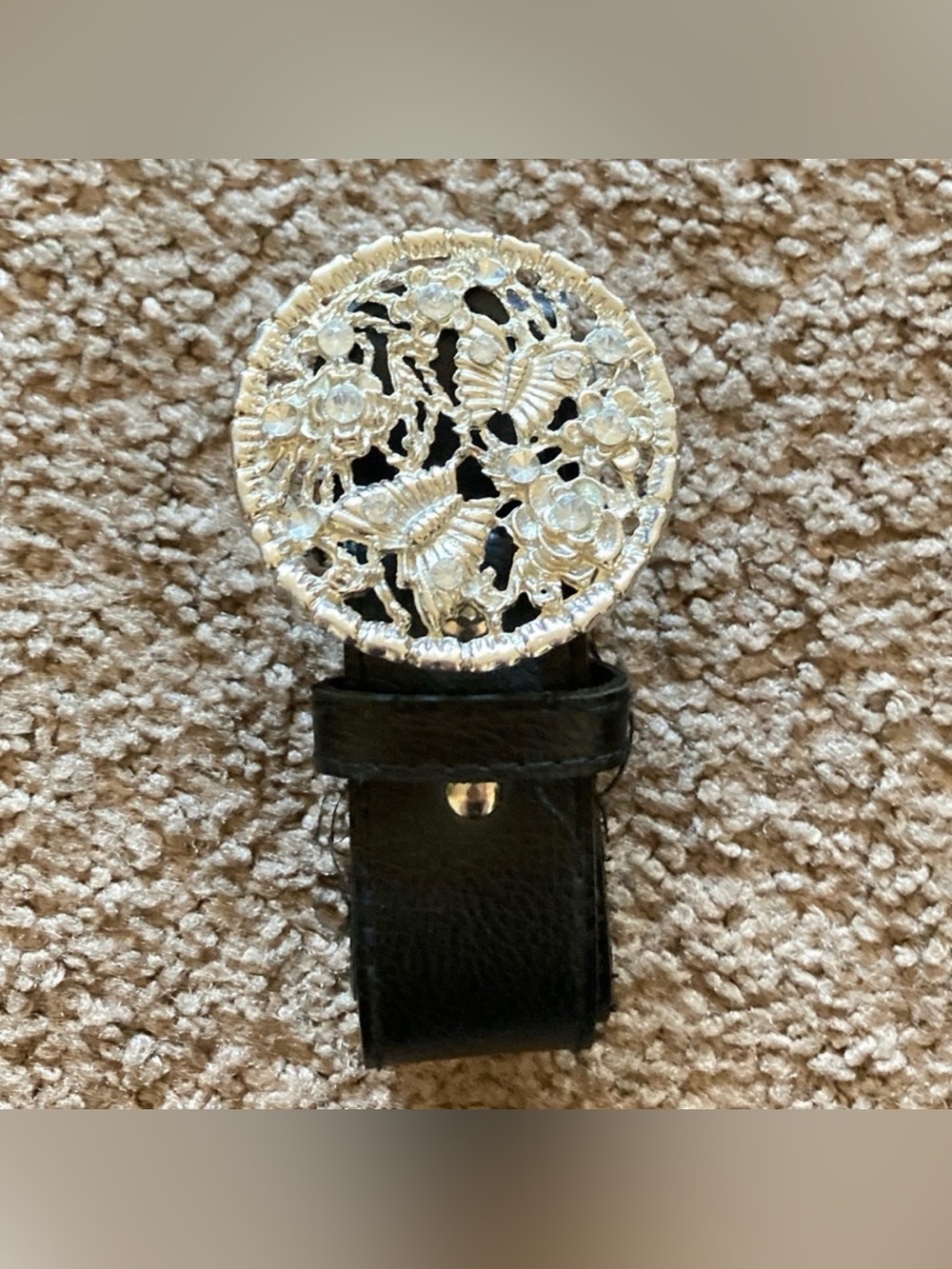 *BRAND NEW* Vintage Silver Butterfly And Floral Rhinestones Black Leather Belt